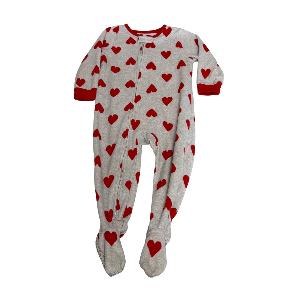Carters 18M Red Heart Gray Fleece Footed Pajamas Long Sleeve Zip Up Sleepwear